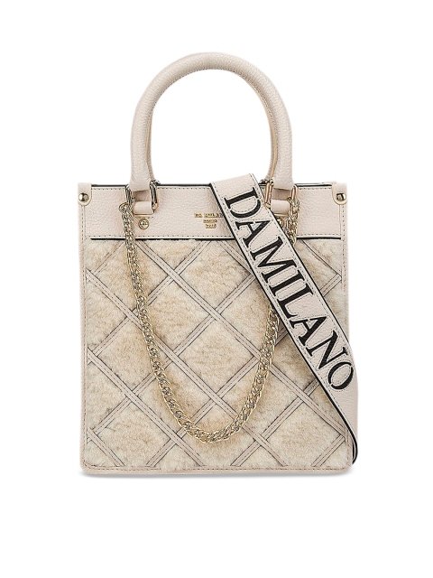 

Da Milano White Geometric Textured Leather Shopper Tote Bag with Quilted