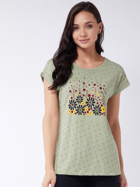 

Modeve Women Sea Green Floral Printed Extended Sleeves T-shirt
