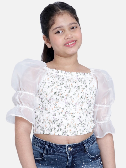 

Natilene White & Green Floral Printed Smocked Crop Top