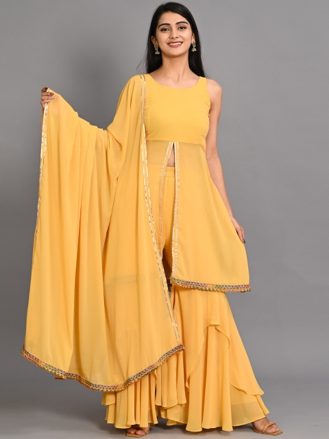 

Bavaria Women Yellow Gotta Patti Backless Kurta with Sharara & Dupatta