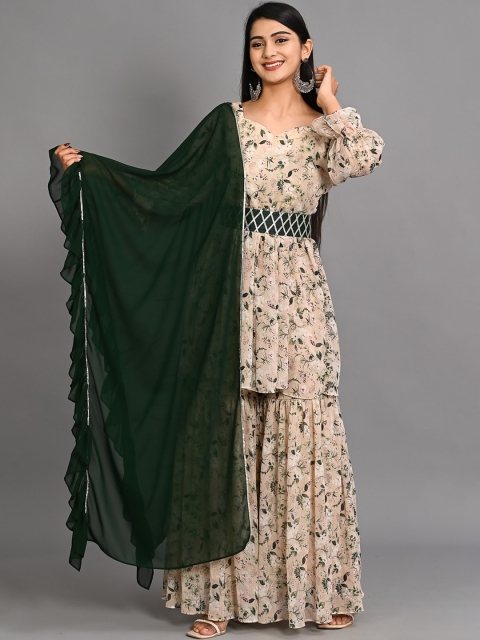 

Bavaria Women Beige Ethnic Motifs Embroidered Empire Kurti with Churidar & With Dupatta