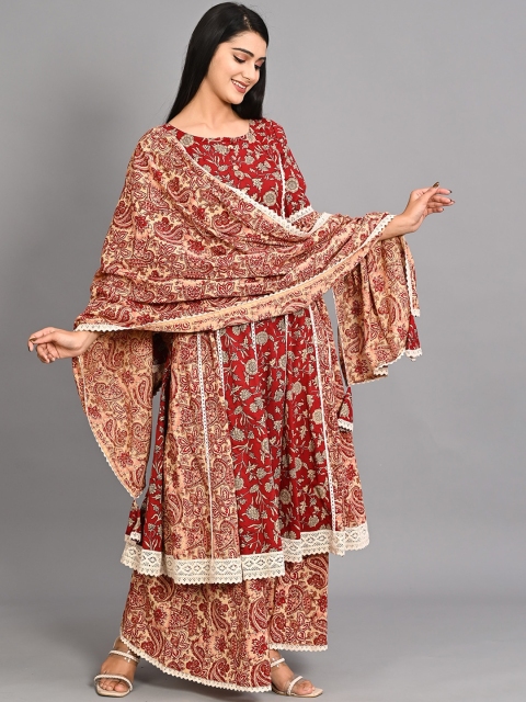 

Bavaria Women Maroon Ethnic Motifs Angrakha Pure Cotton Kurta with Palazzos & With Dupatta