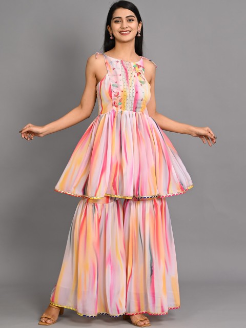 

Bavaria Women Multicoloured Striped Empire Beads and Stones Kurti with Sharara & With Dupatta, Multi