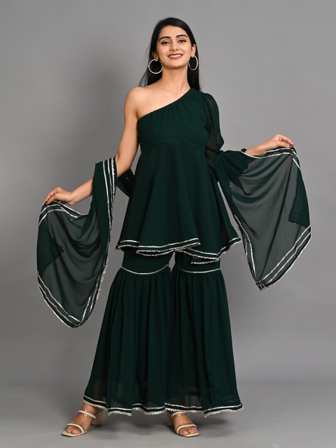 

Bavaria Women Green Pleated Gotta Patti Kurti with Sharara & With Dupatta