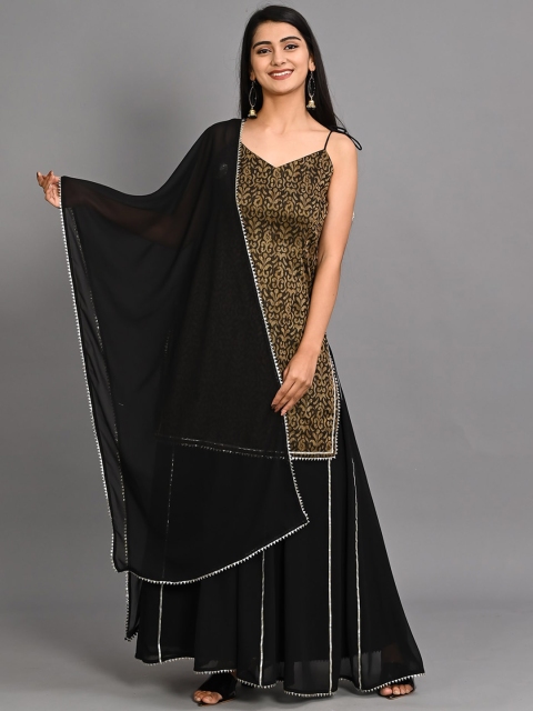 

Bavaria Women Black Printed Panelled Kurti with Skirt & With Dupatta