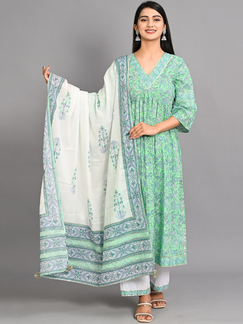 

Bavaria Women Sea Green Ethnic Motifs Printed Angrakha Beads and Stones Pure Cotton Kurta with Salwar & With