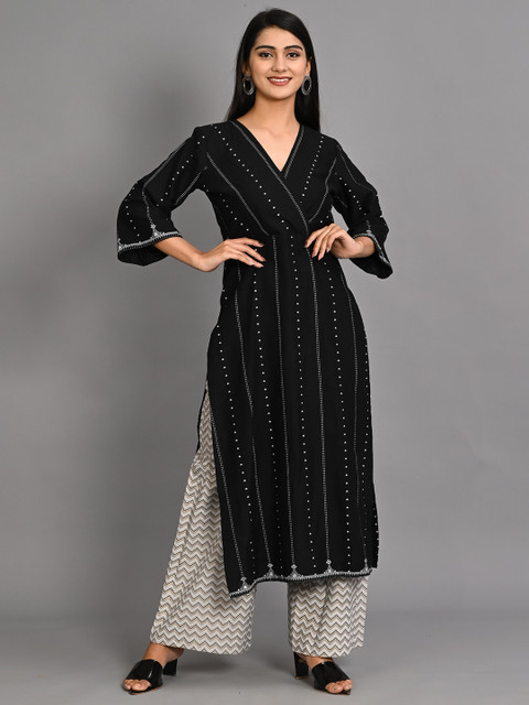

Bavaria Women Black Striped Angrakha Kurta with Palazzos