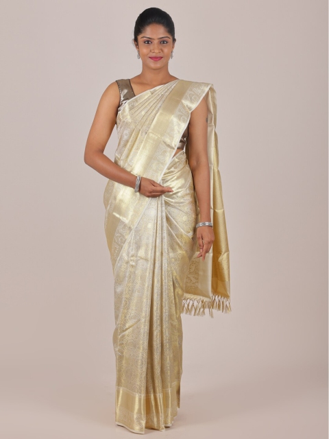 

Pothys Gold-Toned & White Ethnic Motifs Zari Pure Silk Saree