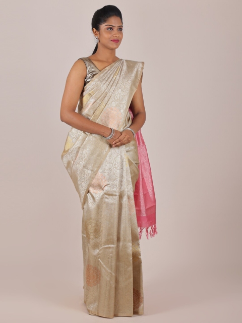 

Pothys Cream & Pink Silver Woven Design Zari Pure Silk Saree