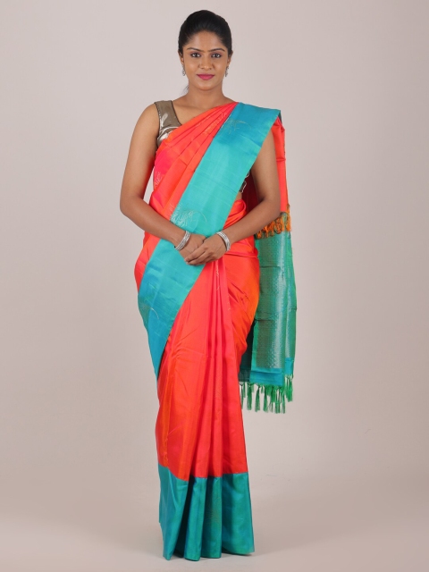 

Pothys Orange & Turquoise Blue Ethnic Motifs Woven Design Pure Silk Saree