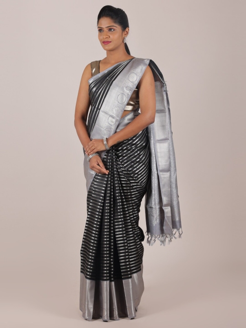 

Pothys Black & Silver-Toned Striped Zari Pure Silk Saree