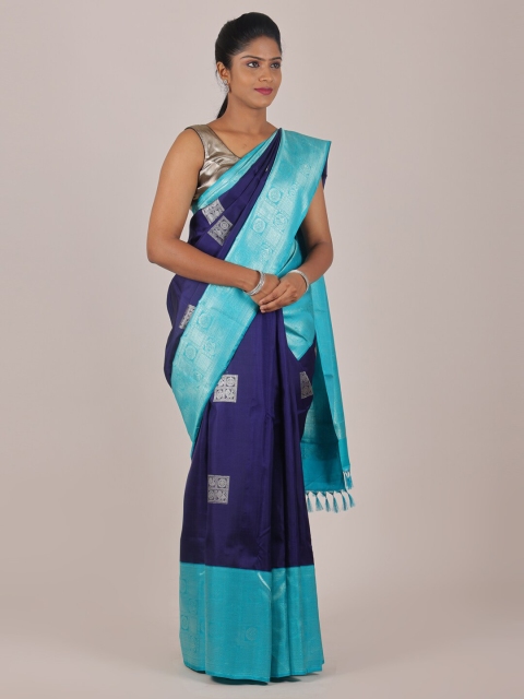 

Pothys Turquoise Blue & Silver-Toned Ethnic Motifs Woven Design Zari Pure Silk Saree