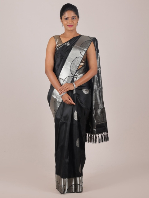 

Pothys Black & Silver-Toned Ethnic Motifs Design Pure Silk Saree