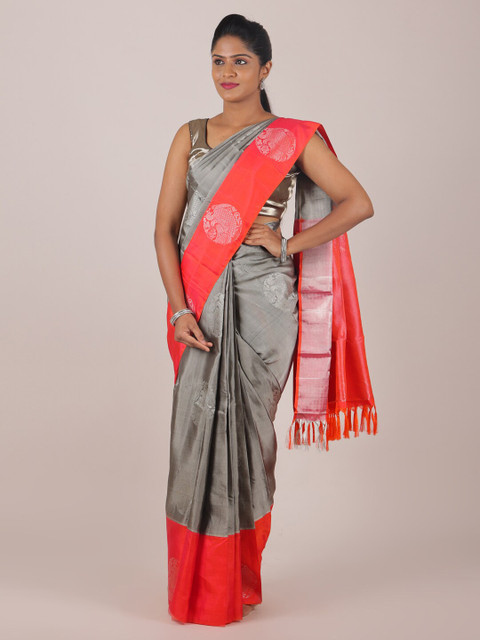

Pothys Grey & Orange Ethnic Motifs Zari Pure Silk Saree