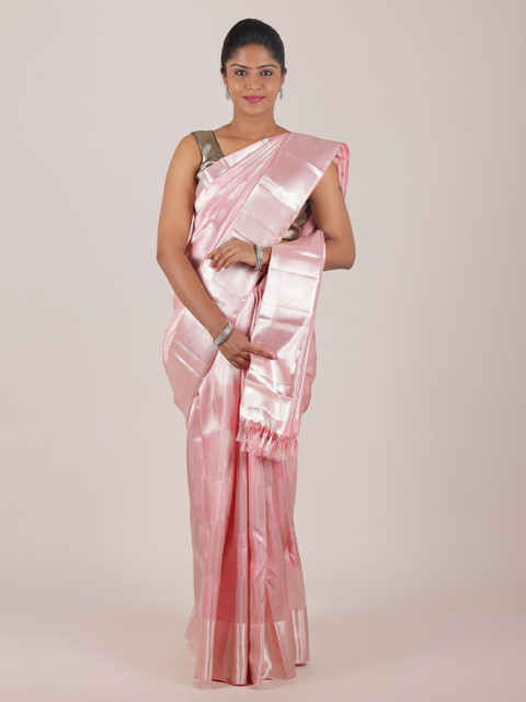 

Pothys Pink & Silver-Toned Zari Pure Silk Saree