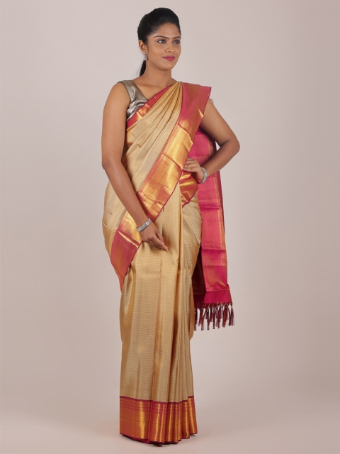 

Pothys Cream-Coloured & Magenta Woven Design Zari Pure Silk Saree