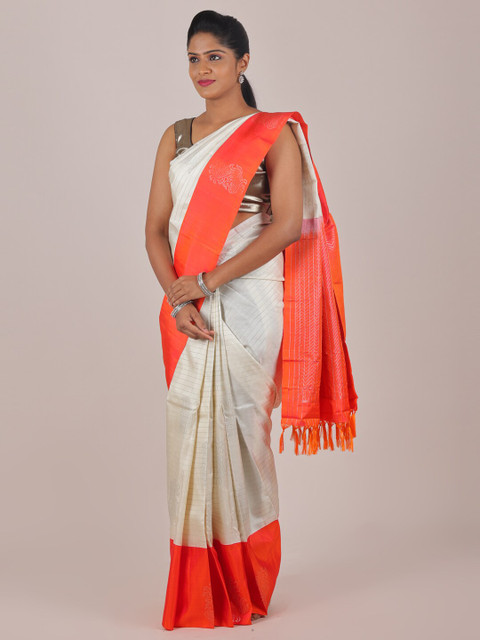 

Pothys White & Orange Woven Design Zari Pure Silk Saree