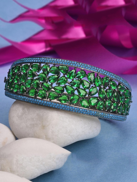 

Tistabene Women Green & Blue Stone-Studded Rhodium-Plated Kada Bracelet