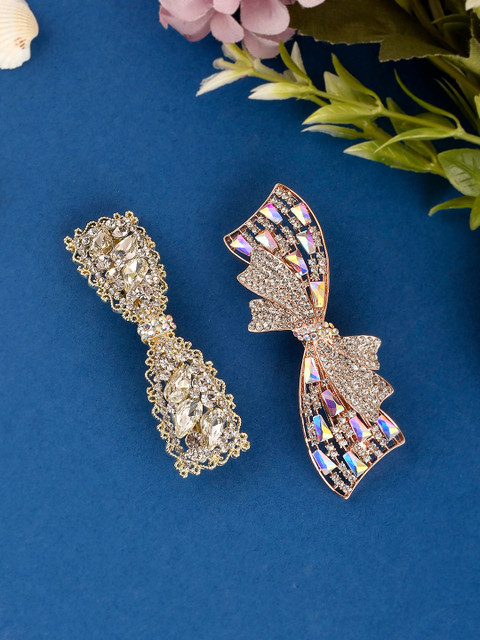 

Silvermerc Designs Women Gold-Toned & White Set of 2 Embellished French Barrette