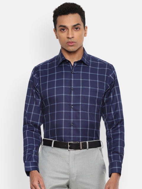 

Van Heusen Men Navy Blue Windowpane Checks Checked Pure Cotton Formal Shirt