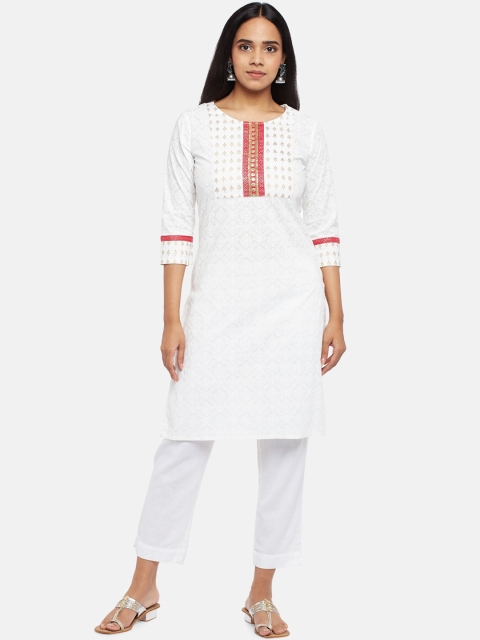

RANGMANCH BY PANTALOONS Women Off White Yoke Design Yoke Design Thread Work Kurta