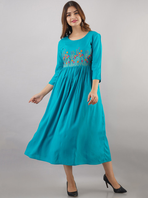 

Women Touch Women Turquoise Blue Thread Work Anarkali Kurta