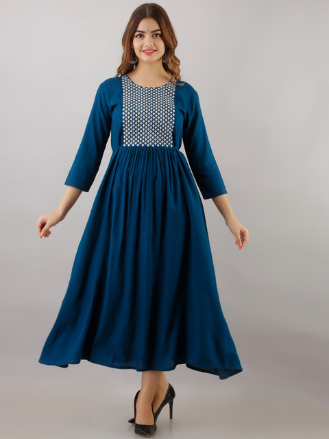 

Women Touch Women Blue Ethnic Motifs Yoke Design Flared Sleeves Anarkali Kurta