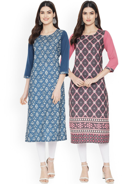

Ethnic basket Women Multicoloured Pack of 2 Printed Floral Crepe Kurta, Multi