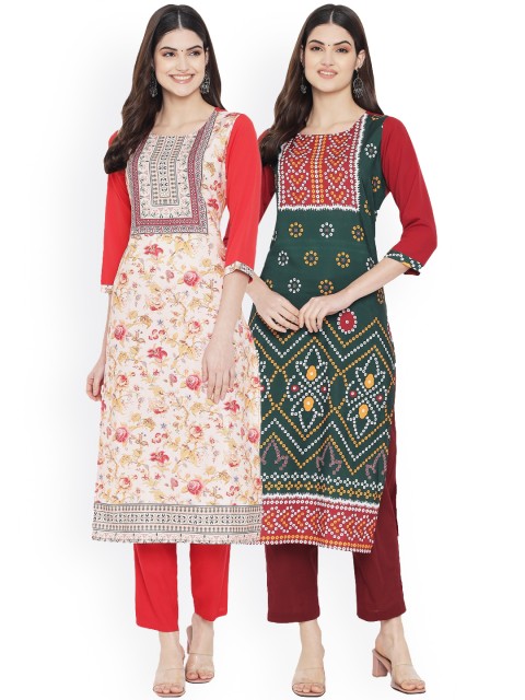 

Ethnic basket Women Pack Of 2 Multicoloured Ethnic Motifs Printed Crepe Kurtas, Multi
