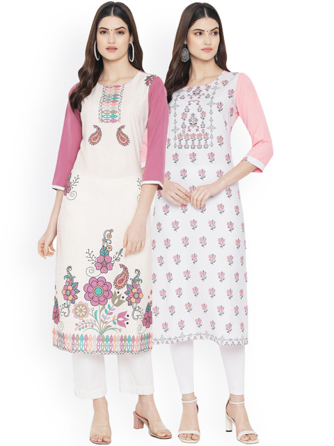 

Ethnic basket Women Pink & White Pack Of 2 Digital Printed Straight Kurta