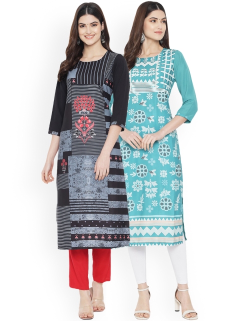 

Ethnic basket Pack of 2 Women Black & Turquoise Blue Ethnic Motifs Crepe Kurta