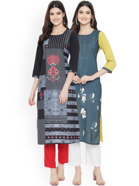 

Ethnic basket Women Pack of 2 Printed Kurtas, Black