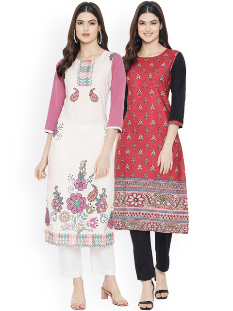 

Ethnic basket Women Set of 2 Ethnic Motifs Printed Crepe Kurta, White