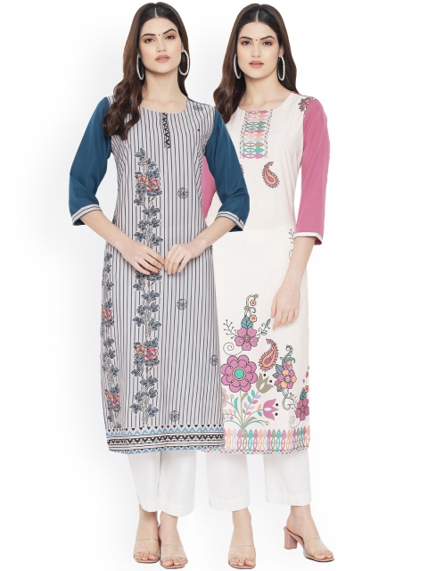 

Ethnic basket Women Pack Of 2 Floral Printed Floral Crepe Kurta, Grey