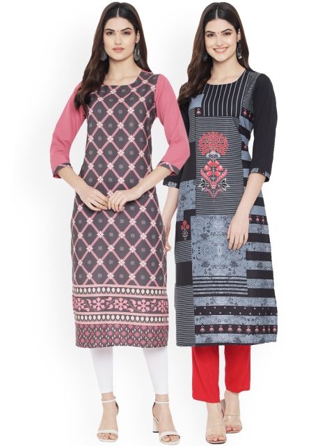 Ethnic basket Women Multicoloured Pack of 2 Geometric Printed Crepe Kurta, Multi