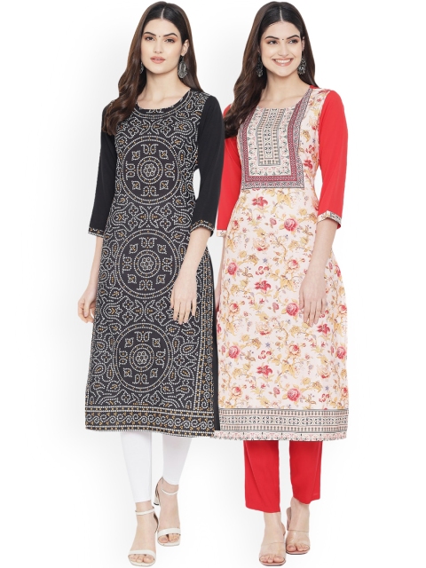 

Ethnic basket Women Set of 2 Ethnic Motifs Printed Crepe Kurta, Black