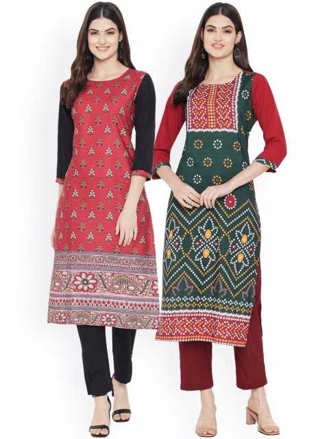 

Ethnic basket Women Pack Of 2 Red & Green Printed Crepe Kurta