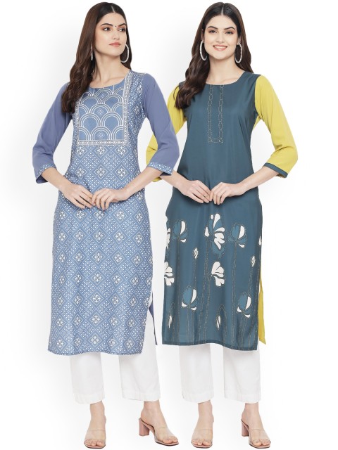 

Ethnic basket Pack of 2 Women Green & Blue Ethnic Motifs Printed Crepe Kurta