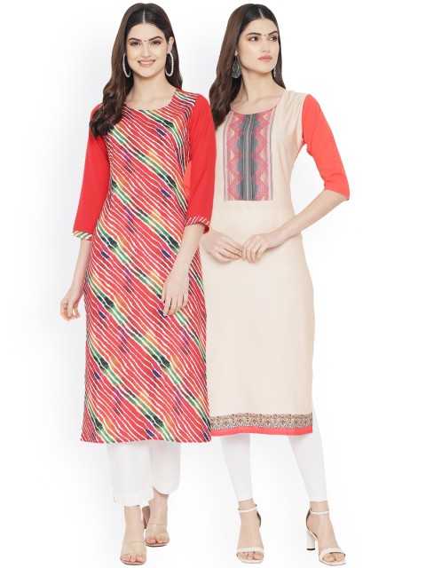

Ethnic basket Women Pack Of 2 Red & Cream-Coloured Printed Crepe Kurta