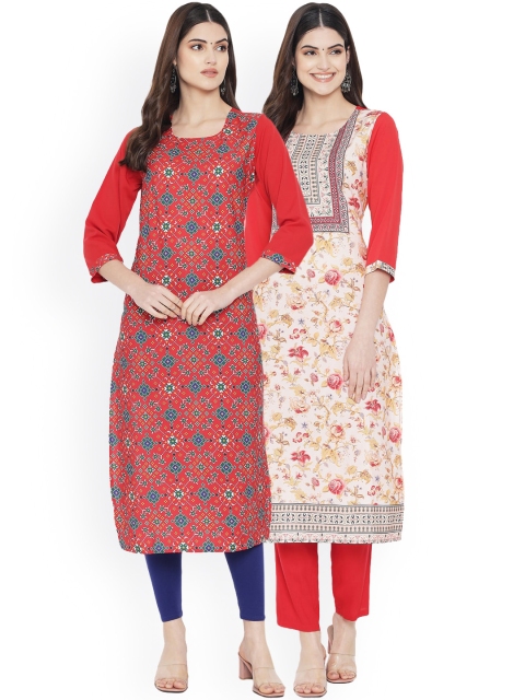 

Ethnic basket Women Pack of 2 Pink & Blue Printed Crepe Straight Kurta