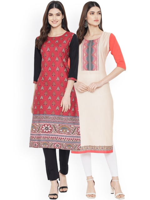 

Ethnic basket Women Red & Cream-Coloured Pack Of 2 Digital Printed Straight Kurta