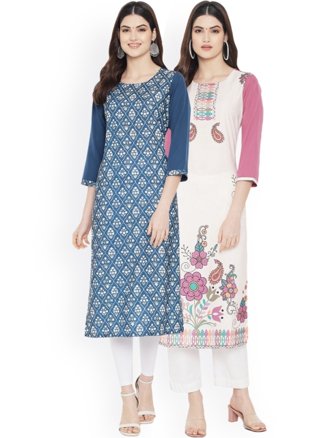 

Ethnic basket Women Pack of 2 Blue & Cream-Coloured Printed Crepe Straight Kurta