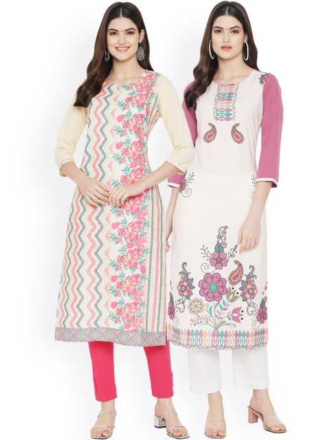 

Ethnic basket Set Of 2 Women Off White & Purple Floral Printed Floral Crepe Kurta