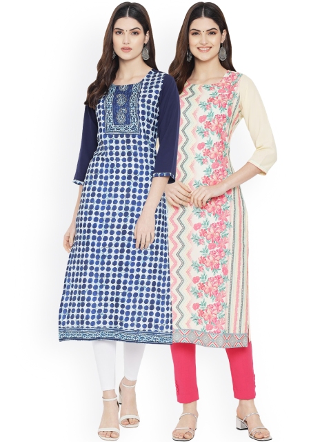 

Ethnic basket Women Pack of 2 Blue & Cream Colored Printed Crepe Straight Kurta