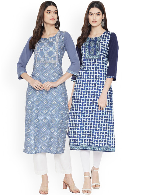 

Ethnic basket Pack of 2 Women Blue & White Ethnic Motifs Printed Crepe Kurta, Multi
