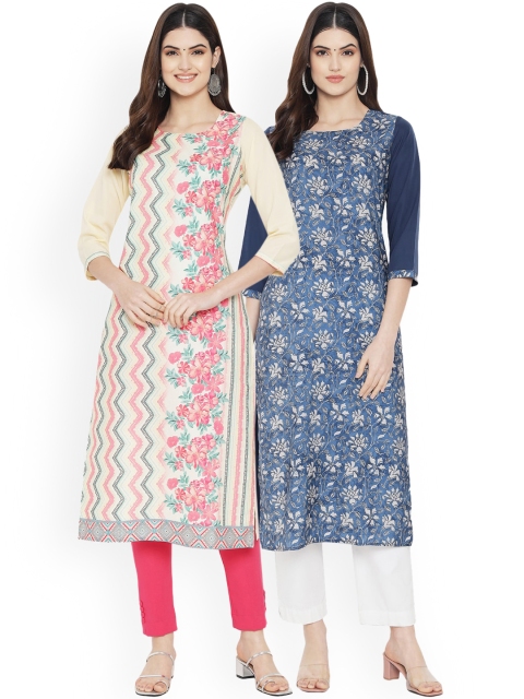 

Ethnic basket Women Pack Of 2 White & Blue Printed Floral Crepe Kurta