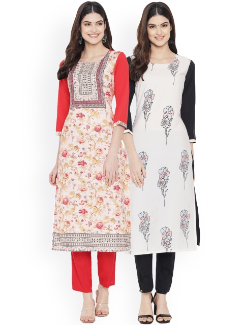 

Ethnic basket Women Pack Of 2 Cream-Coloured & White Floral Printed Floral Crepe Kurta