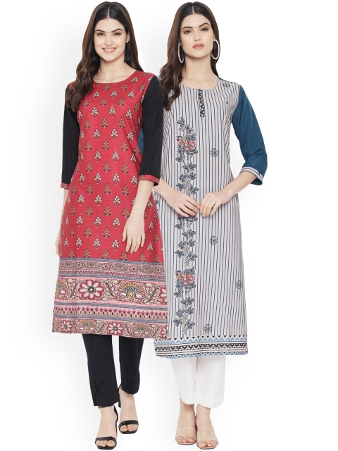 

Ethnic basket Women Pack Of 2 Red & Blue Digital Printed Floral Crepe Kurta