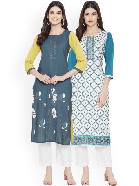

Ethnic basket Women Pack Of 2 Multicoloured Floral Printed Crepe Kurtas, Multi