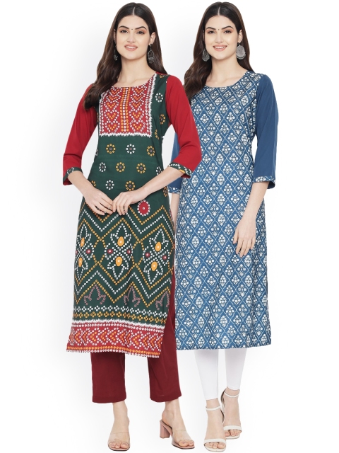 

Ethnic basket Women Green & Blue Pack Of 2 Digital Printed Straight Kurta